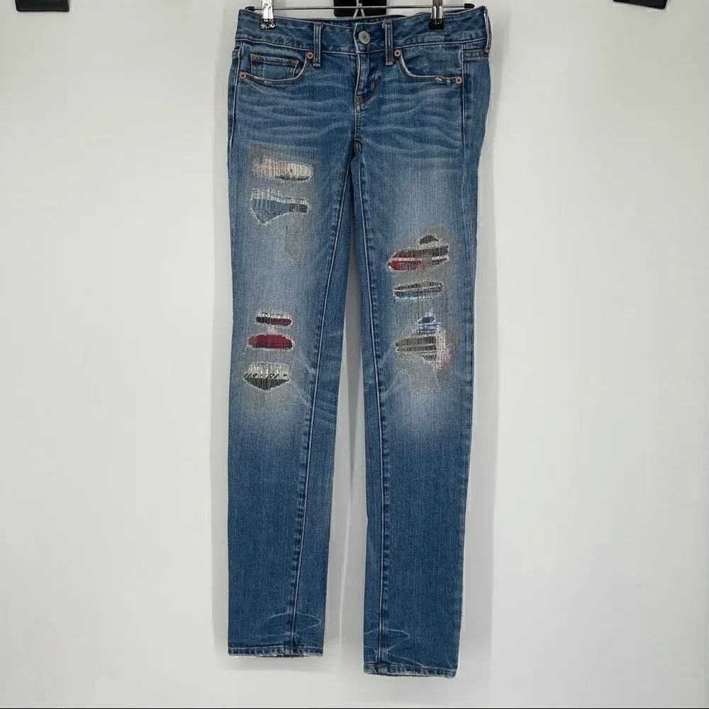 American Eagle stretch distressed patched jeans